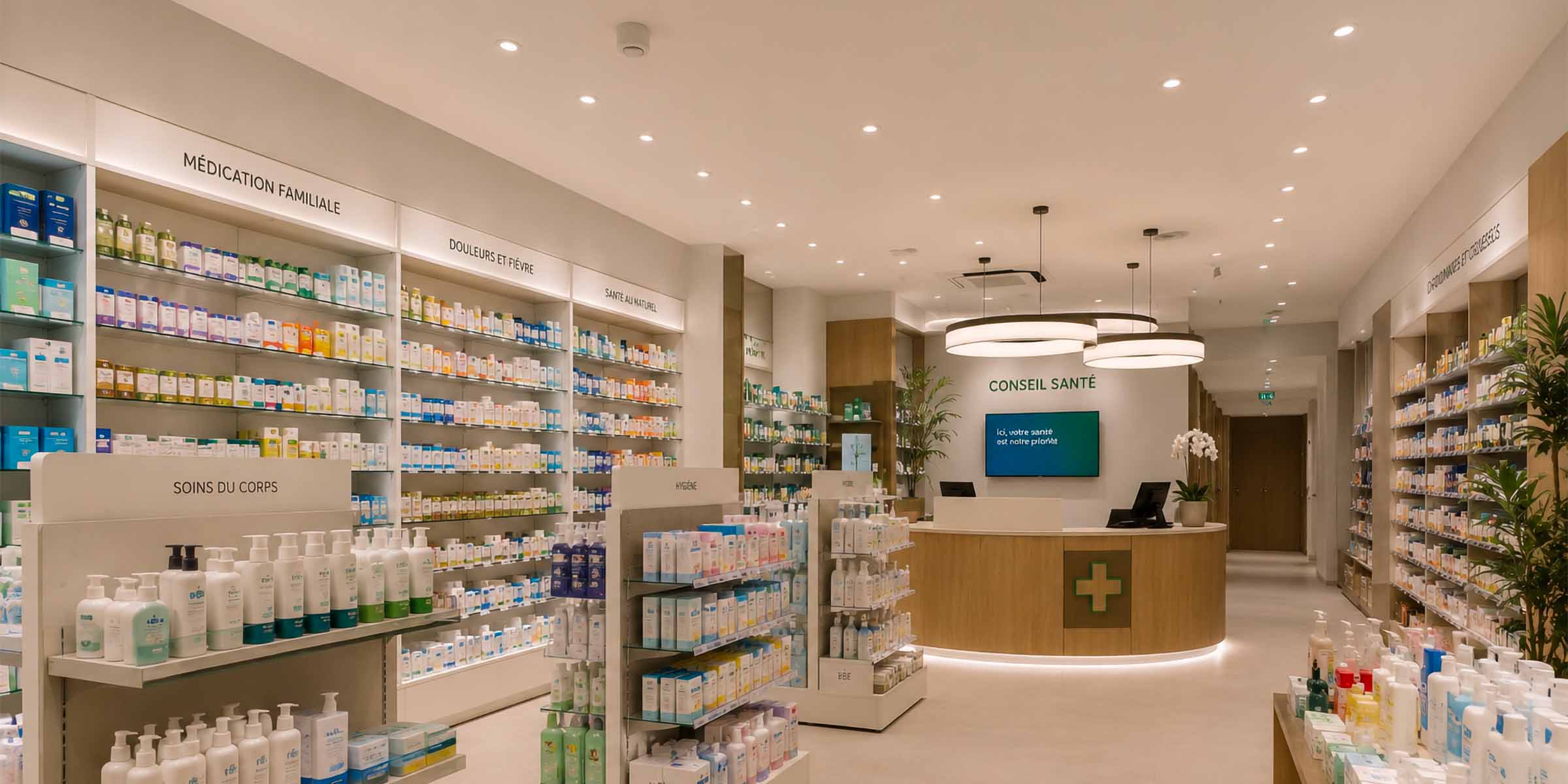 Éclairage de pharmacie : visibilité, conseil et parcours client