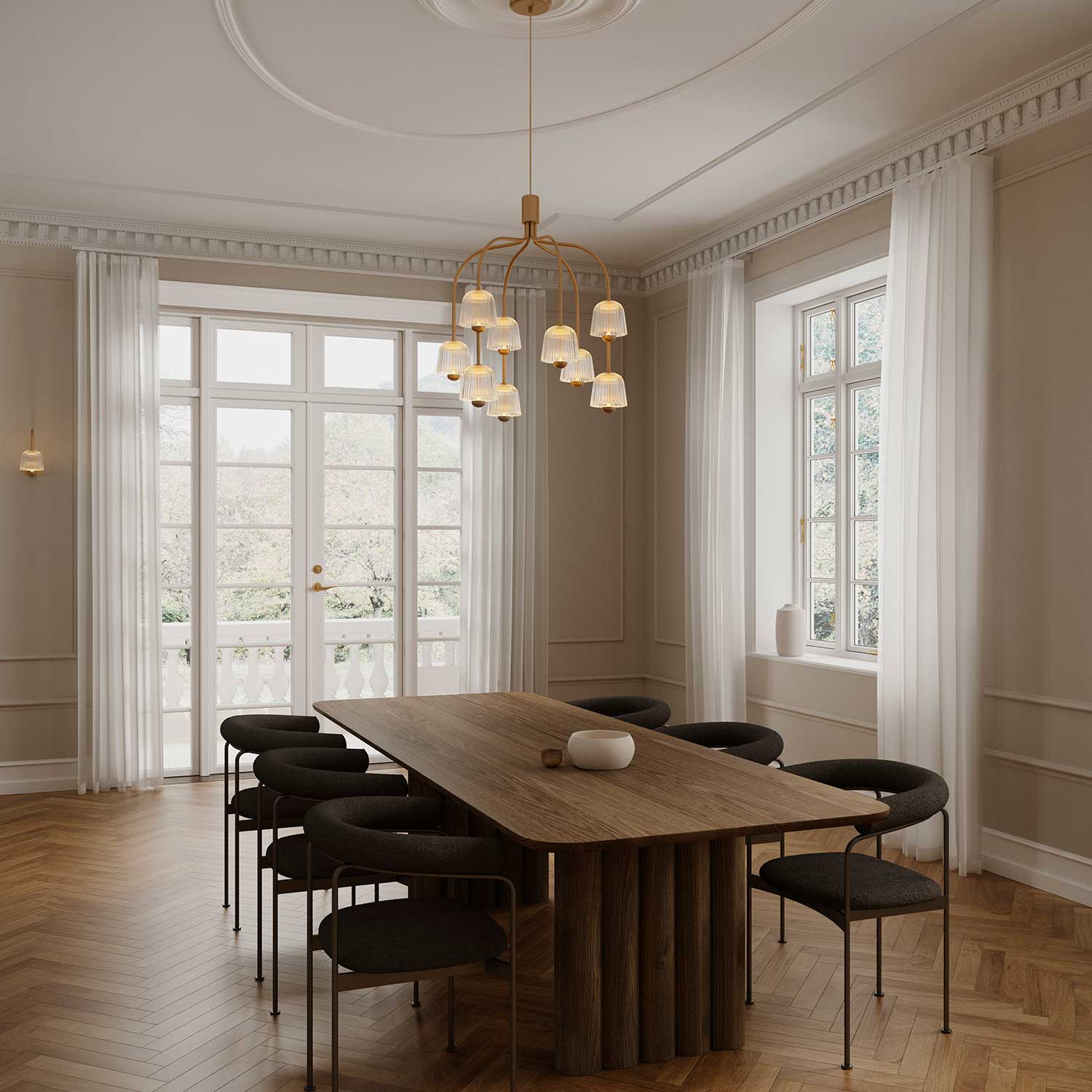 Asteea 9 - Gran candelabro elegante y moderno de diseño en vidrio y dorado