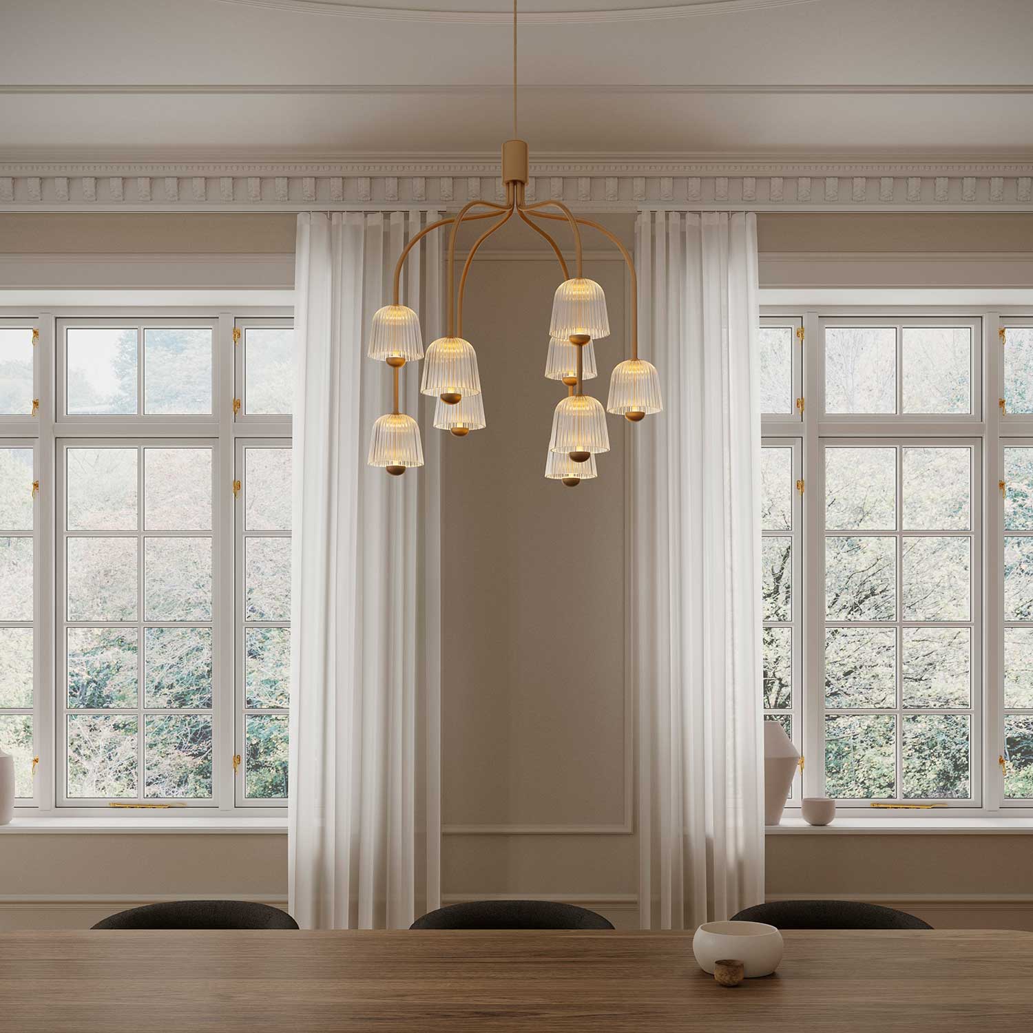 Asteea 9 - Gran candelabro elegante y moderno de diseño en vidrio y dorado