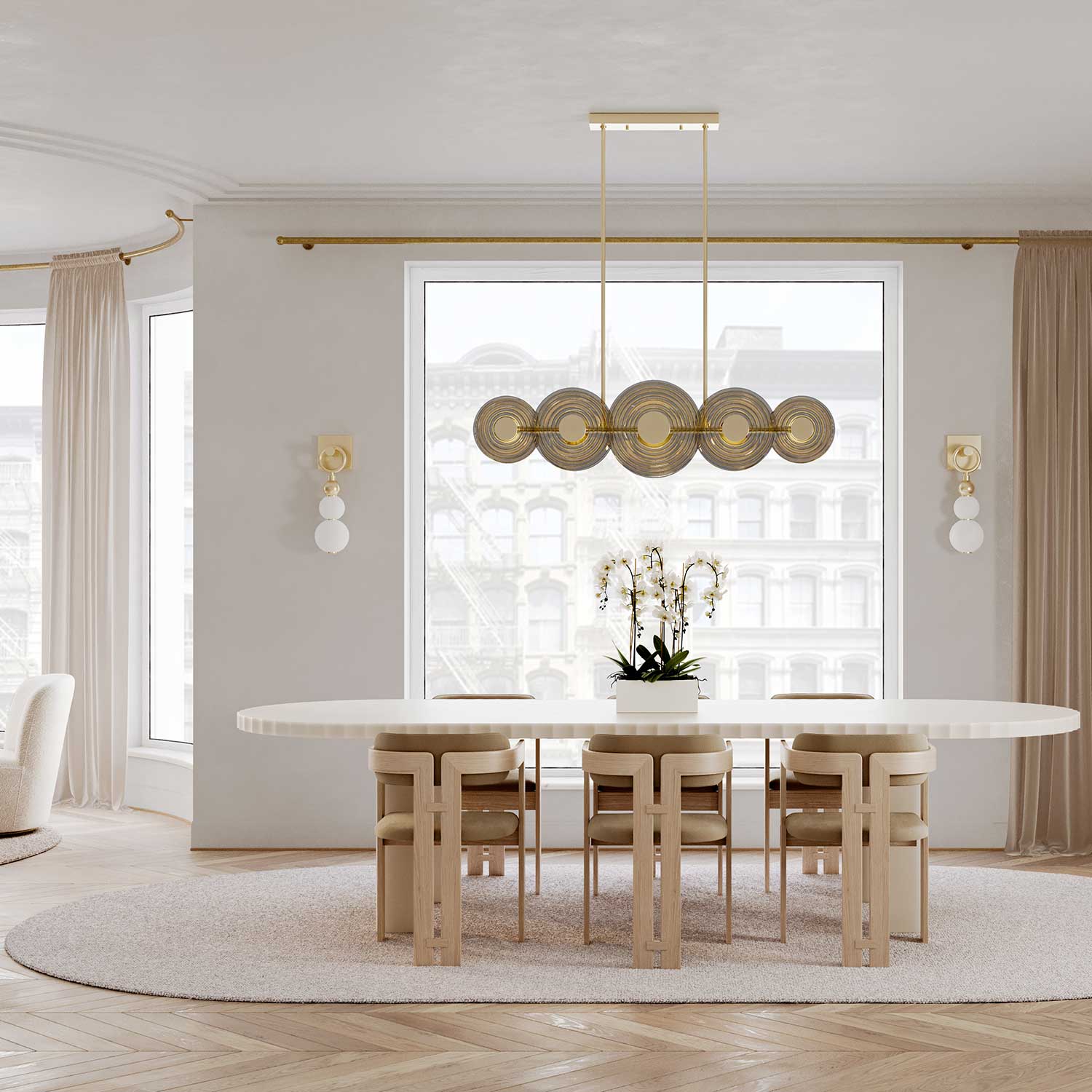 Griston - Großer moderner goldener Kronleuchter aus Messing und Rauchglas Design