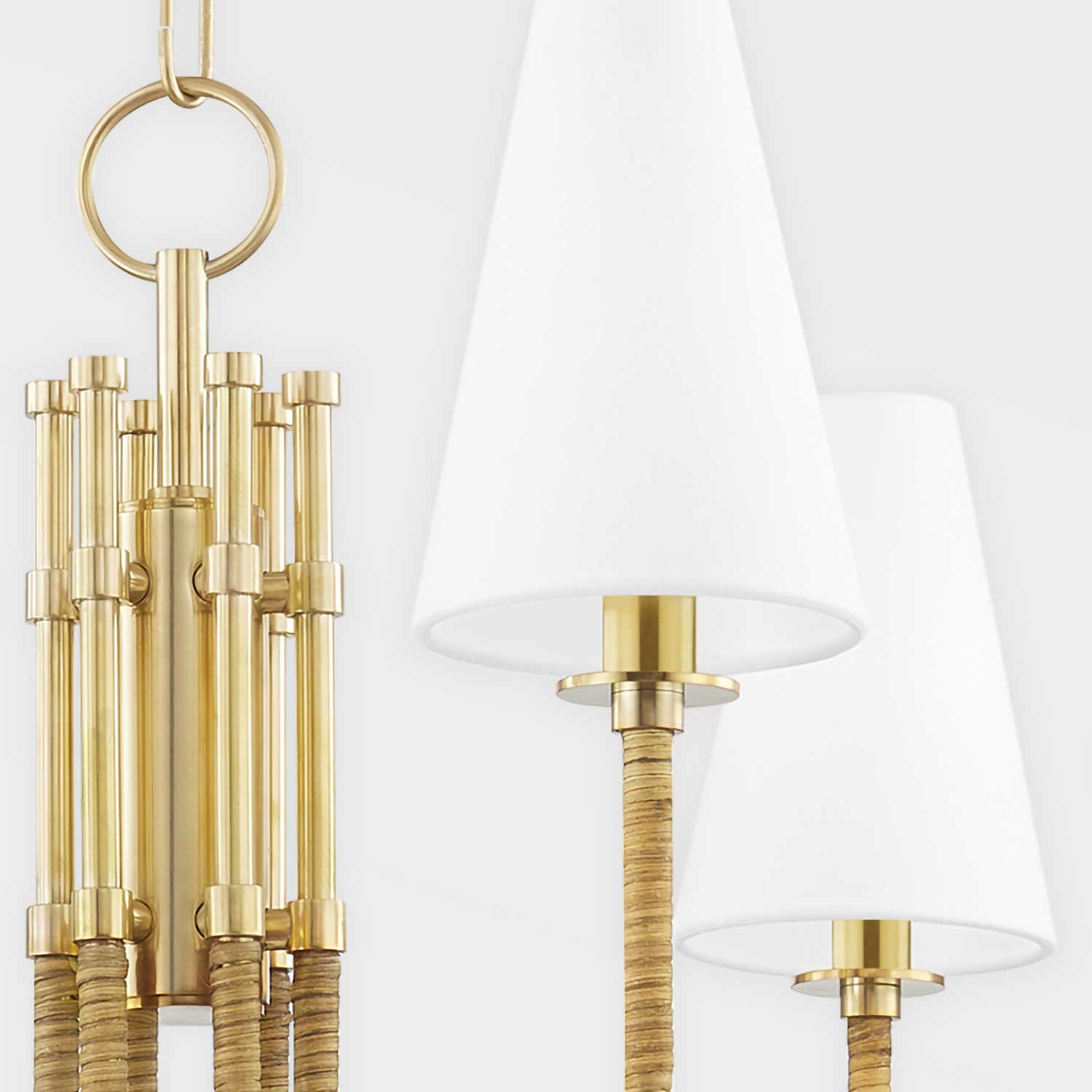 Ripley - Kronleuchter aus goldenem Messing und Rattan für ein Wohnzimmer im Ethno-Stil