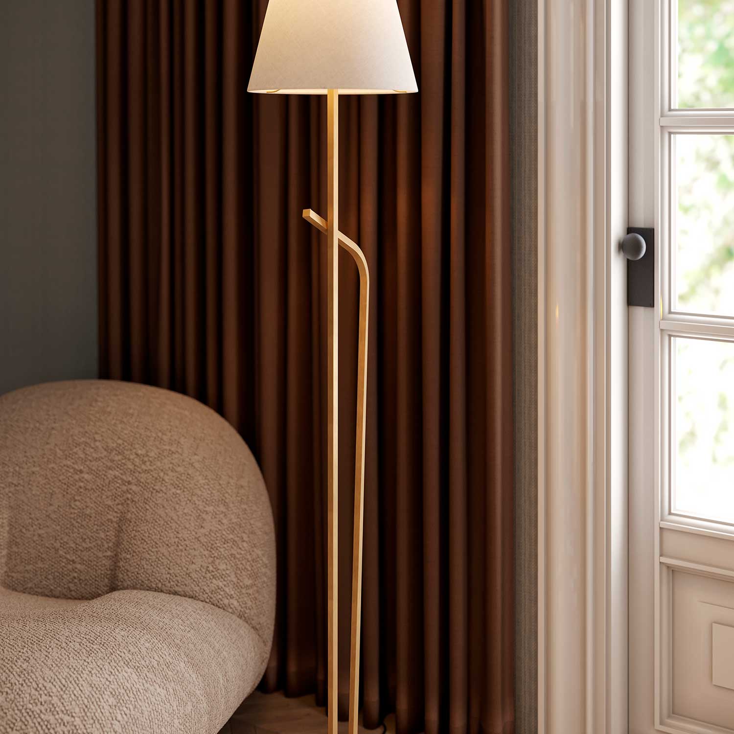 Pearce - Винтажный напольный торшер из патинированной латуни с абажуром из льна