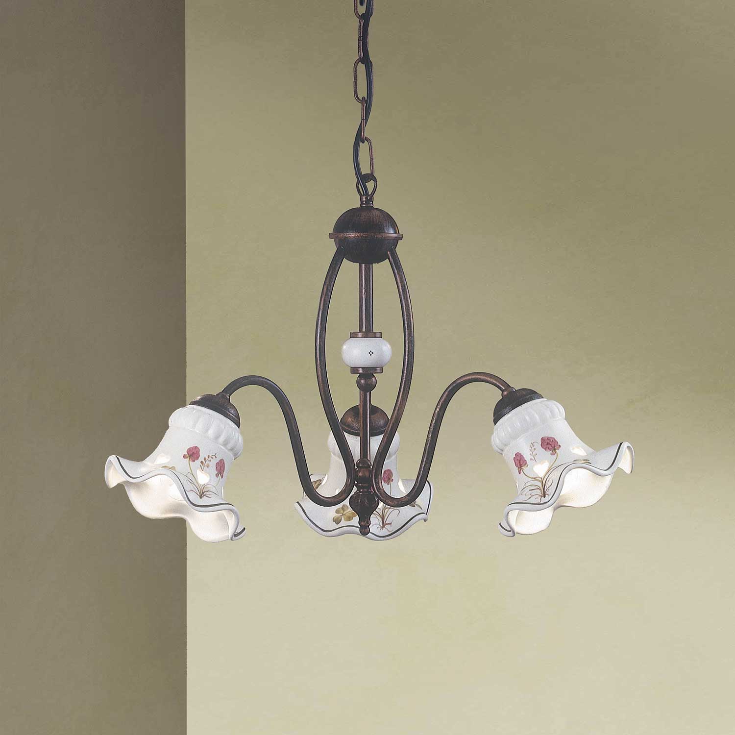 Chieti - Lustre chandelier vintage en acier et céramique fleurie