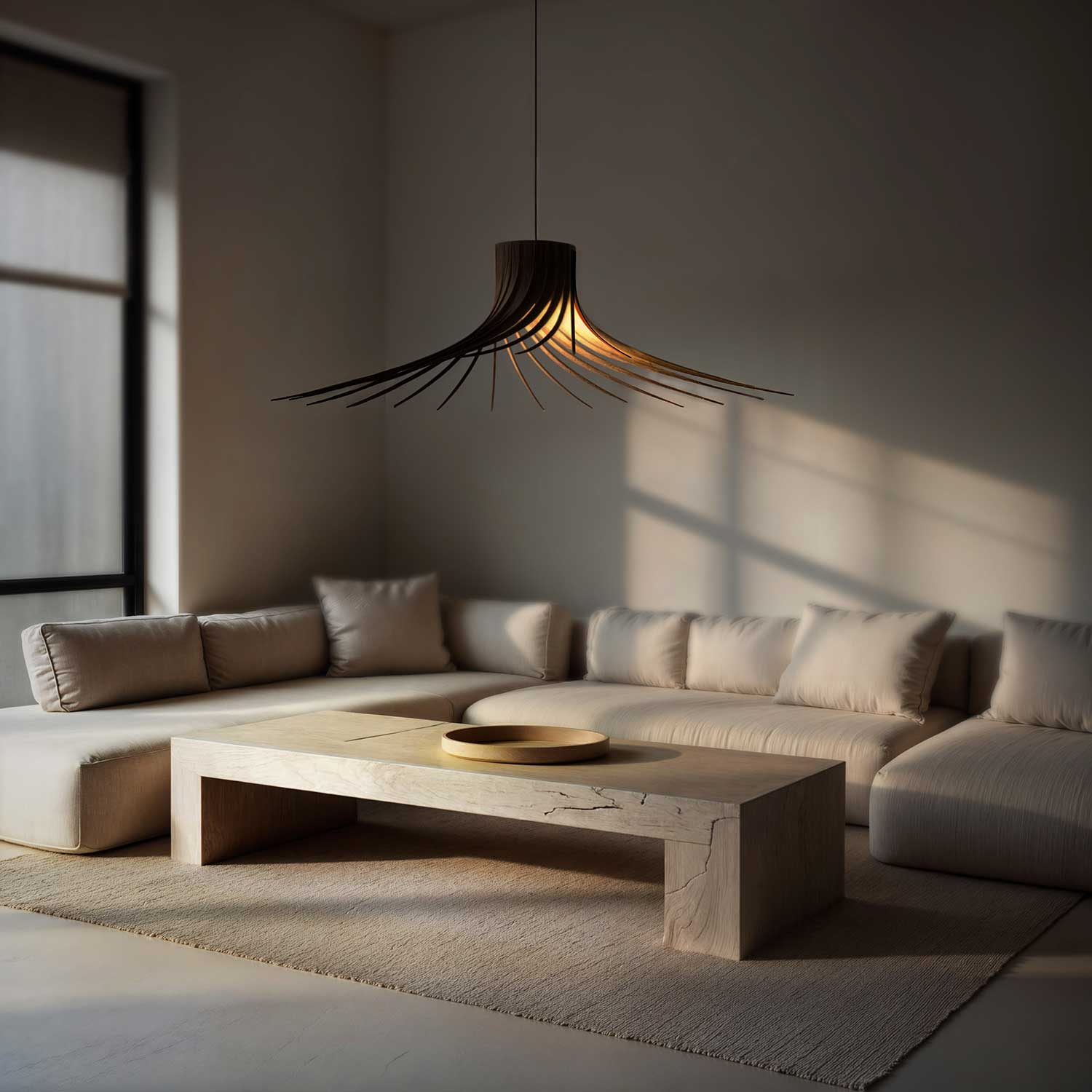 Rotond - Large circular pendant light in natural handmade wood