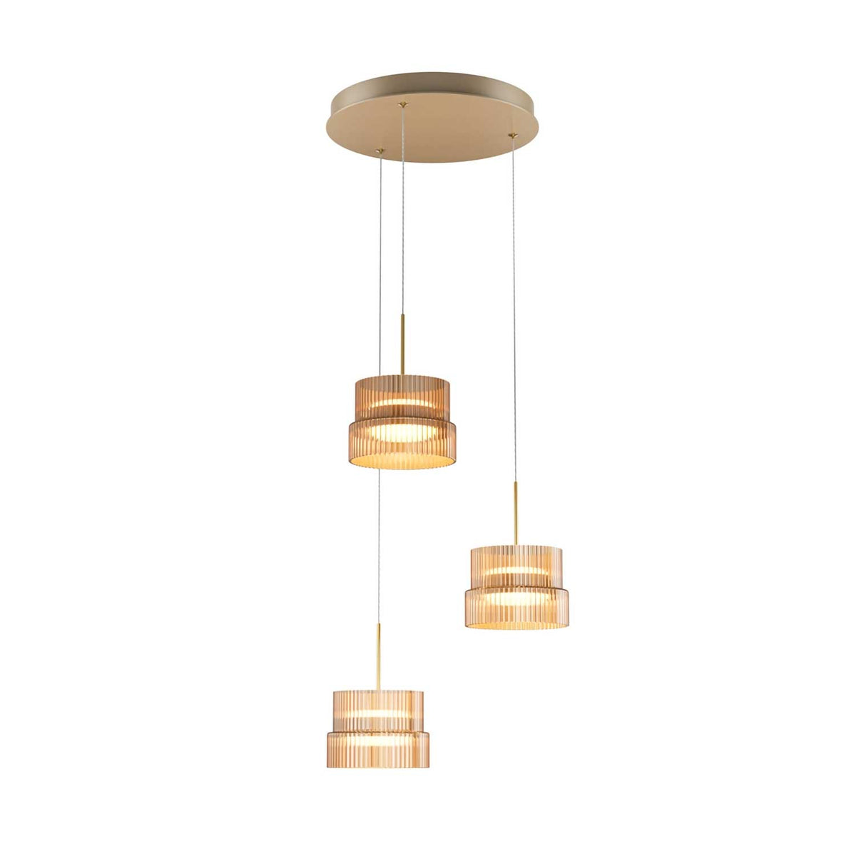 Scala - Suspension LED à trois diffuseurs en verre rainuré et métal, style art déco