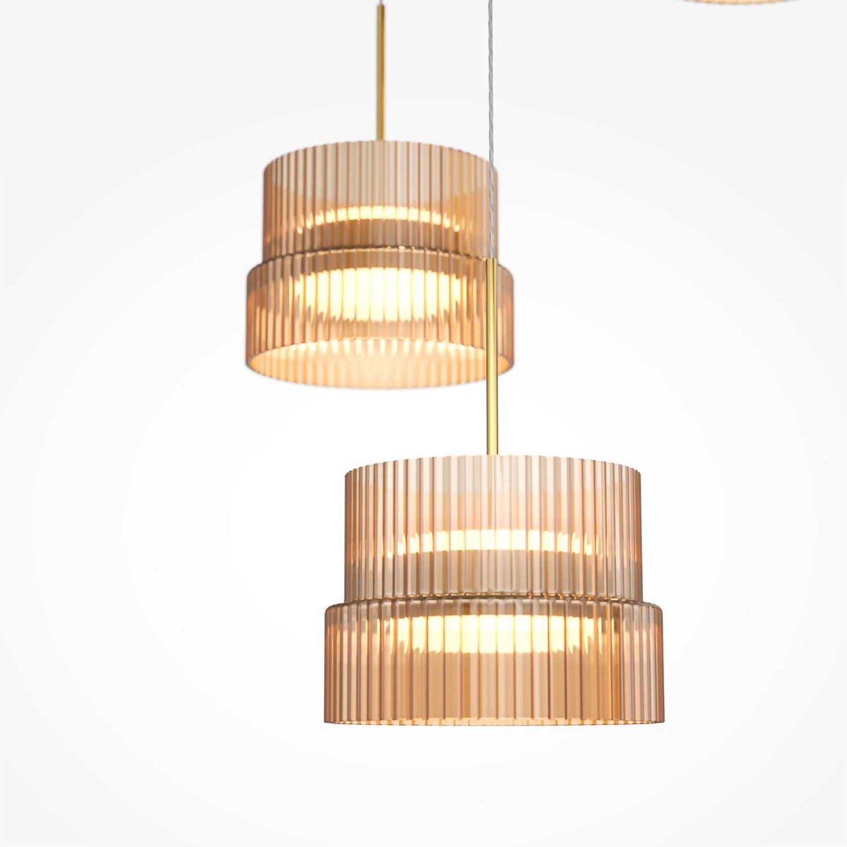 Scala - Suspension LED à trois diffuseurs en verre rainuré et métal, style art déco