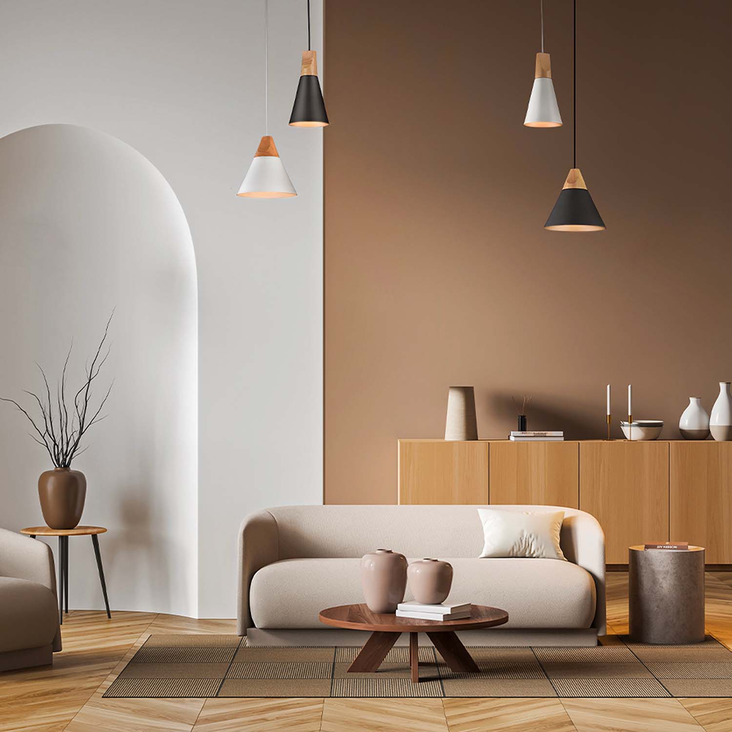 BICONES - Scandinavian wood and aluminum pendant light for kitchen or island