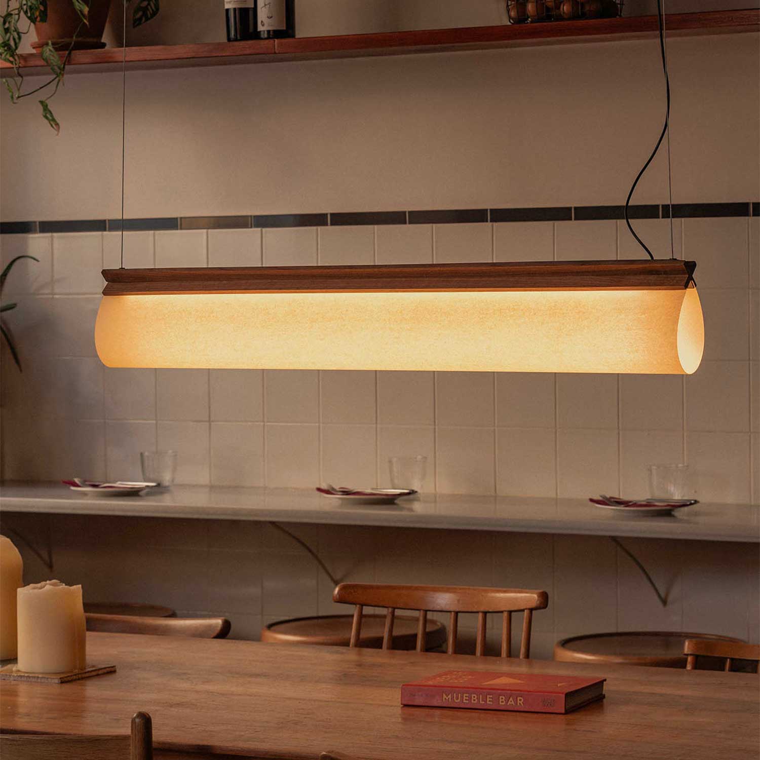 Cata - Walnut and fabric hanging lamp for design kitchen