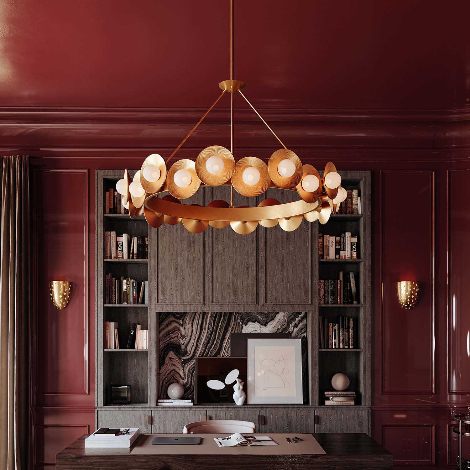 EMERALD - Circular brass chandelier, flower crown