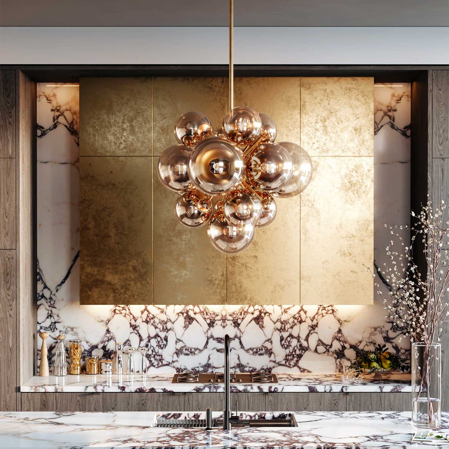 Kyoto - Design-Hängeleuchte aus goldenem Glas für eine luxuriöse Küche