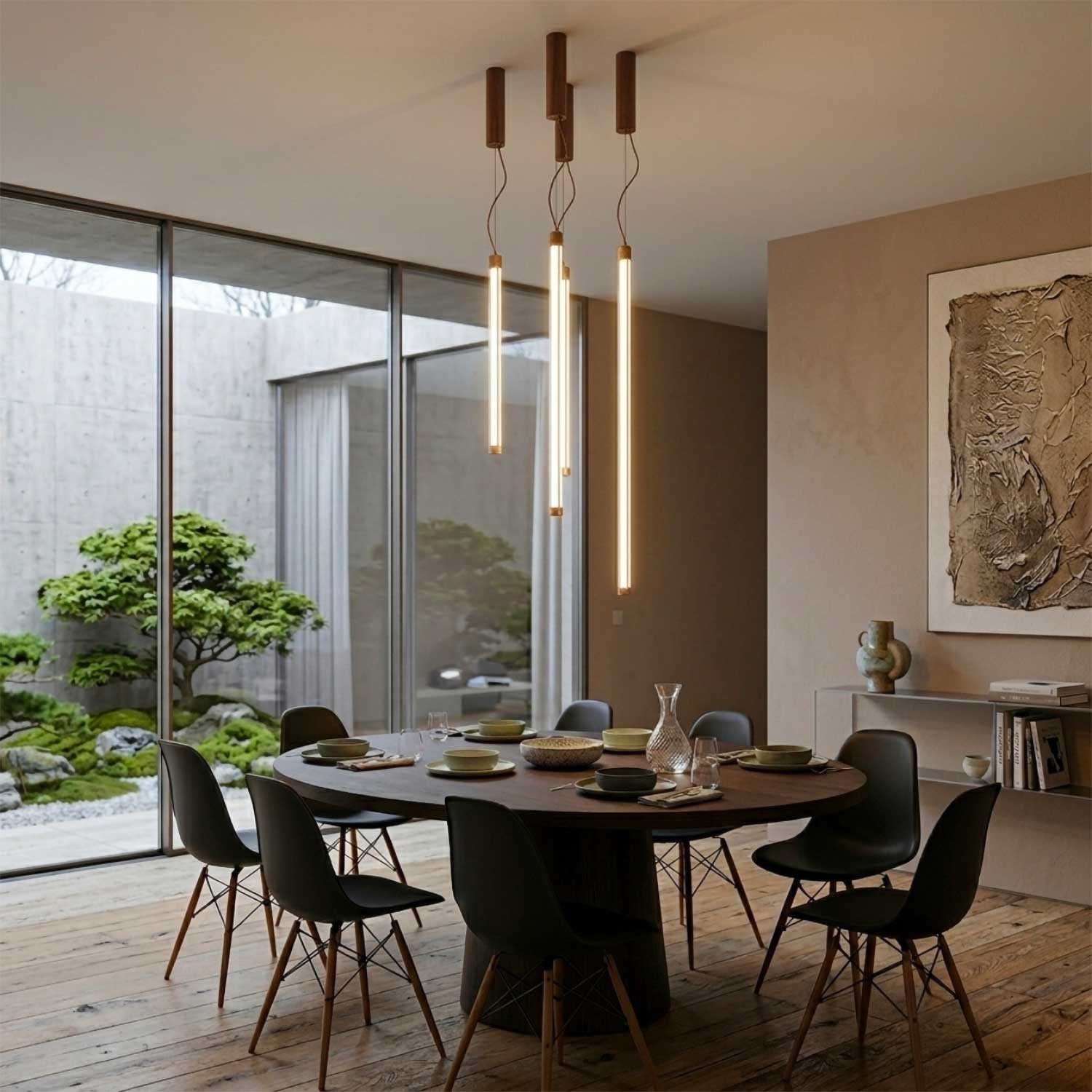 Lynx - Suspension tube LED et acier coloré pour salon moderne