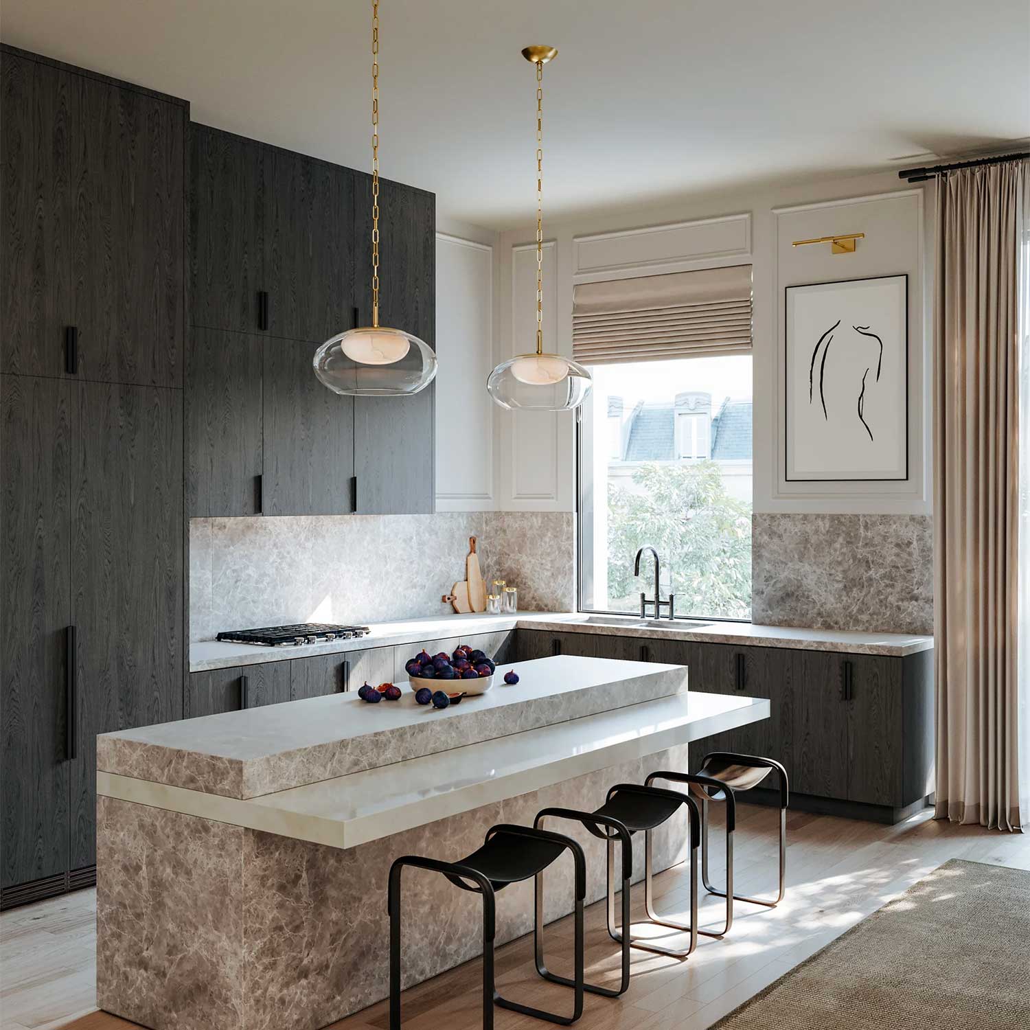 Moore - Suspension LED en verre et albâtre pour cuisine contemporaine