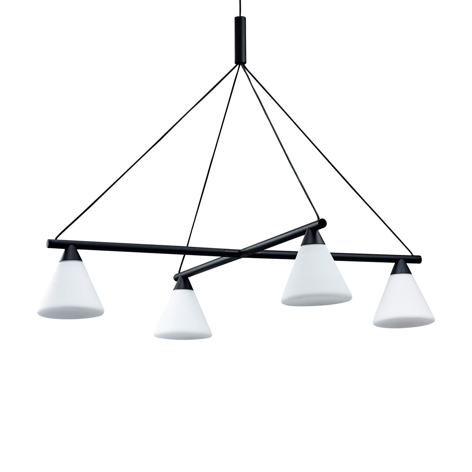 PROBE - Modern black steel chandelier, white glass cones