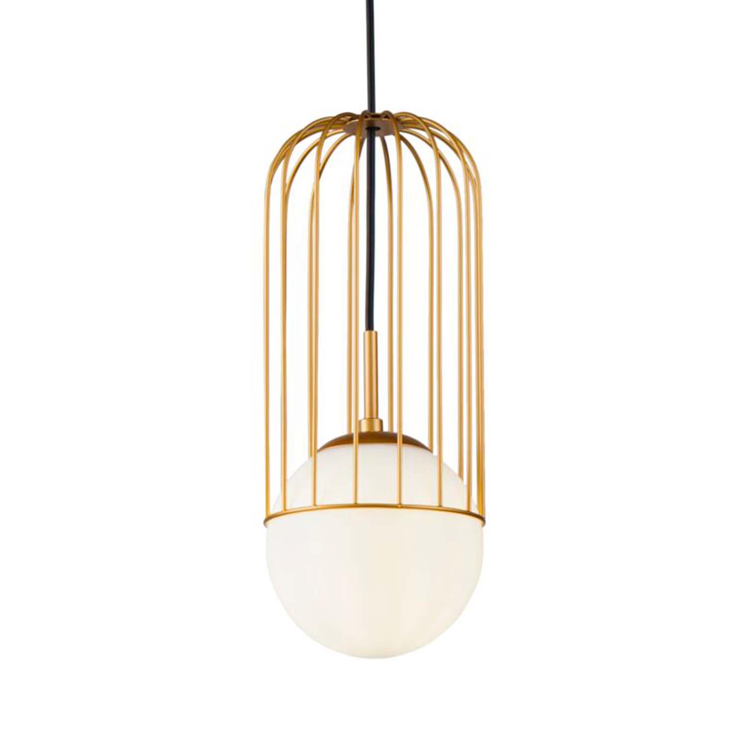 TELFORD - Golden cage pendant light with white glass globe