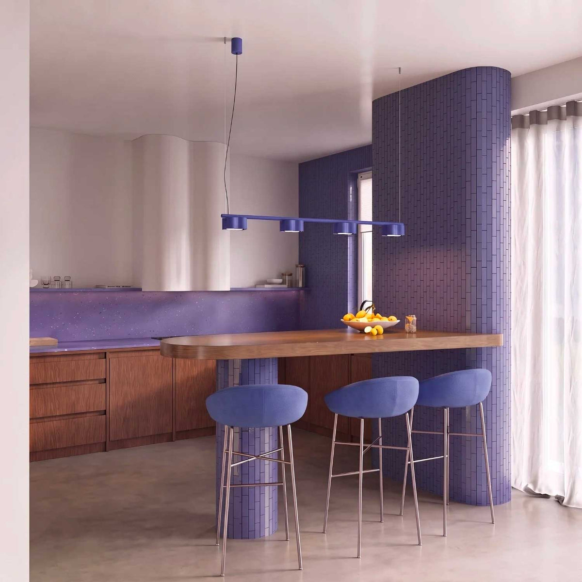 Tulipe - Suspension linéaire à quatre lumières en aluminium mat aux formes ondulées