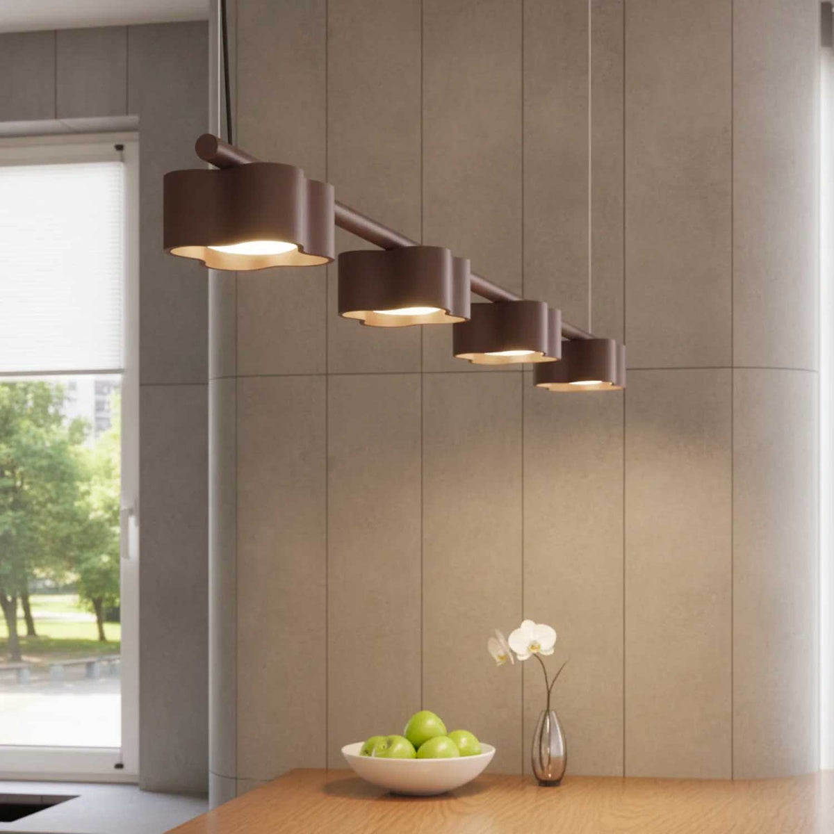 Tulipe - Suspension linéaire à quatre lumières en aluminium mat aux formes ondulées