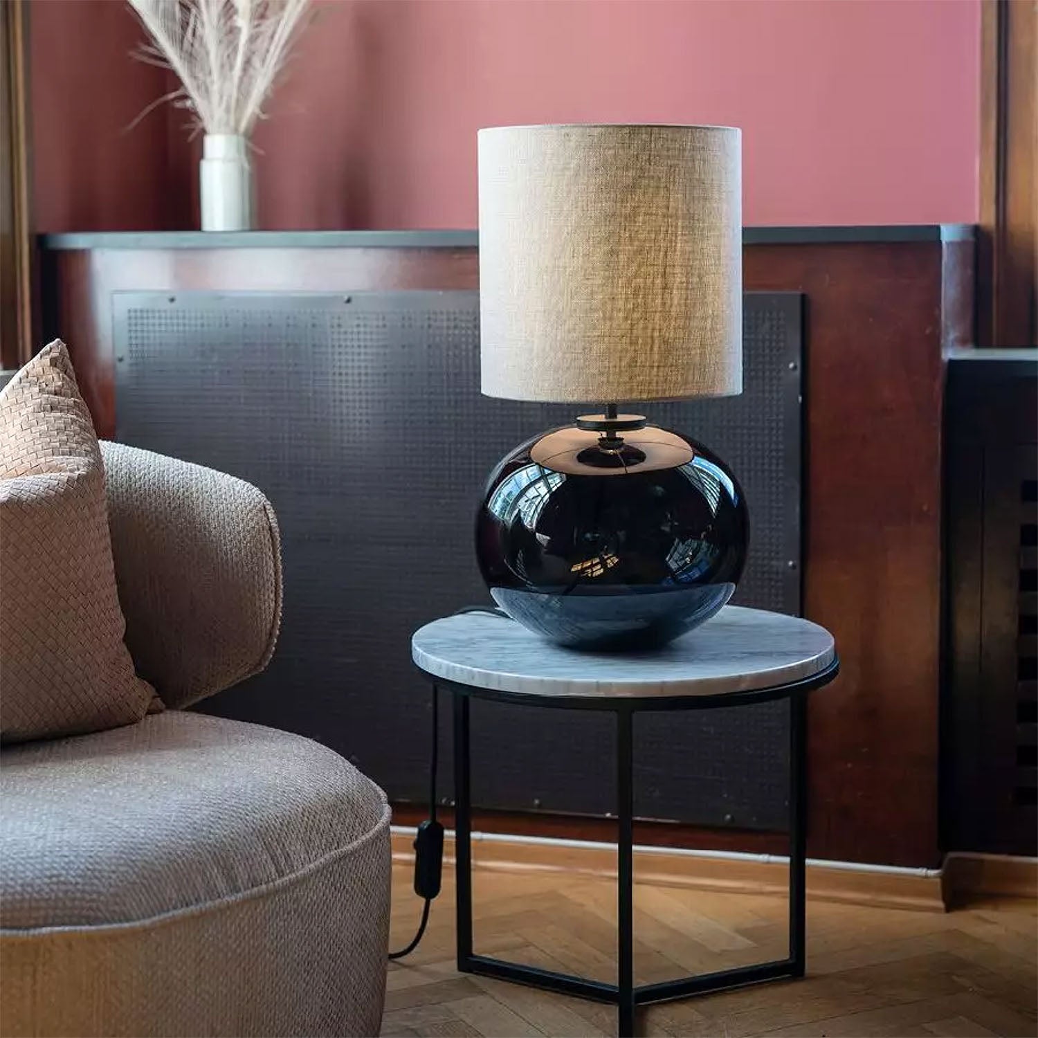 SENJA - Blown glass table lamp, handmade fabric lampshade