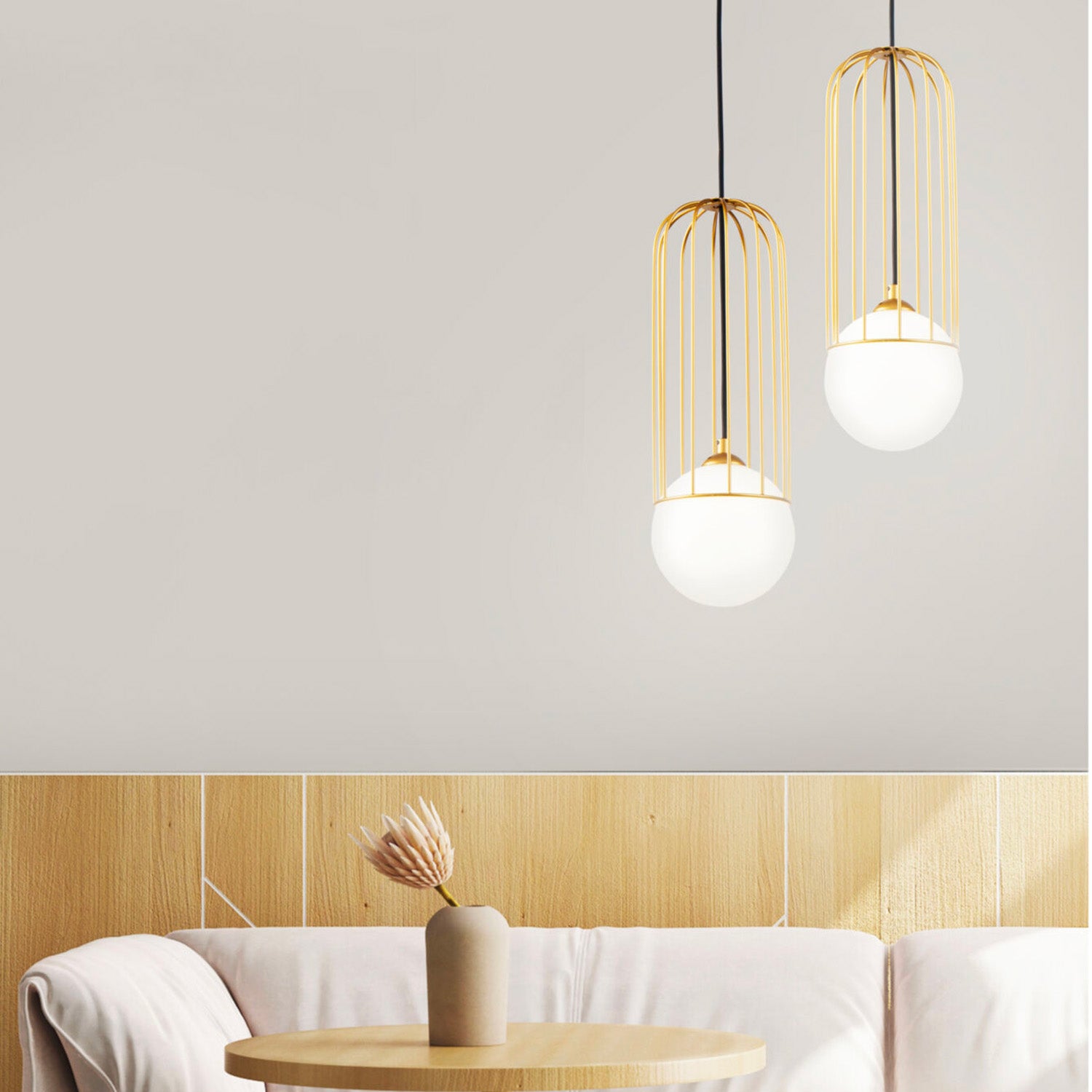 TELFORD - Golden cage pendant light with white glass globe