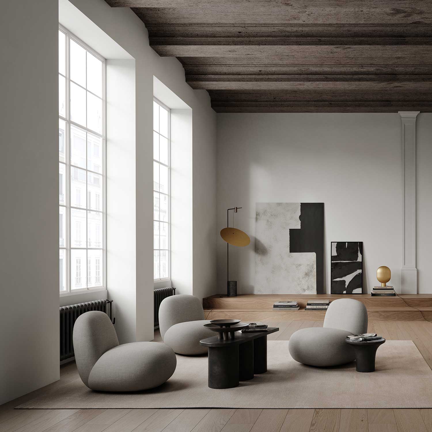 The Moon - Lampadaire laiton et marbre pour salon contemporain