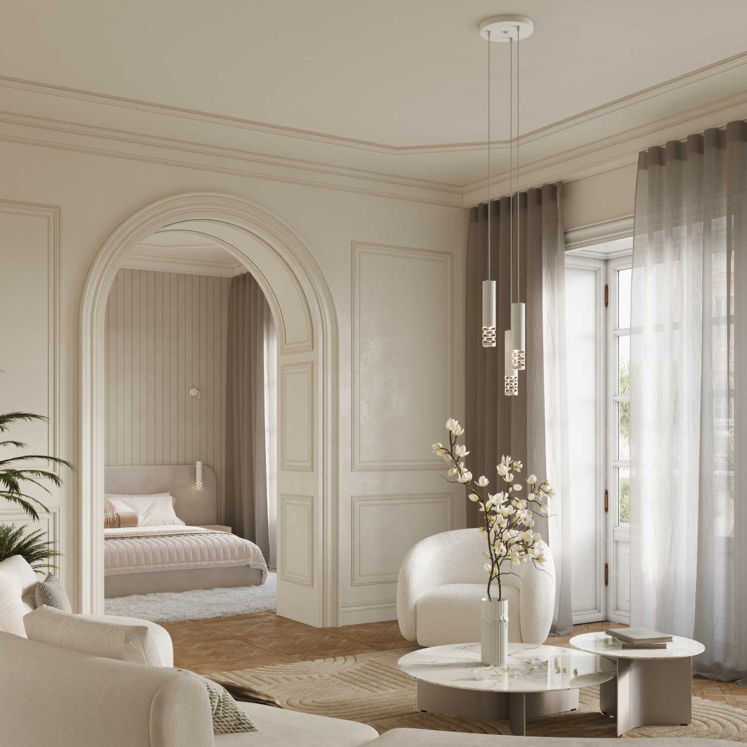 Atria - Weiße Pendelleuchte aus Stahl für modernes Wohnzimmer