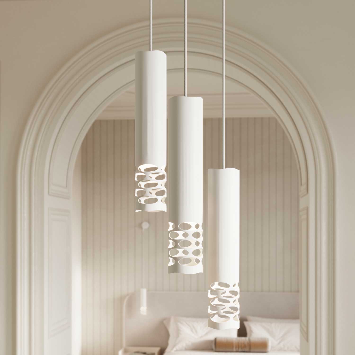 Atria - Weiße Pendelleuchte aus Stahl für modernes Wohnzimmer