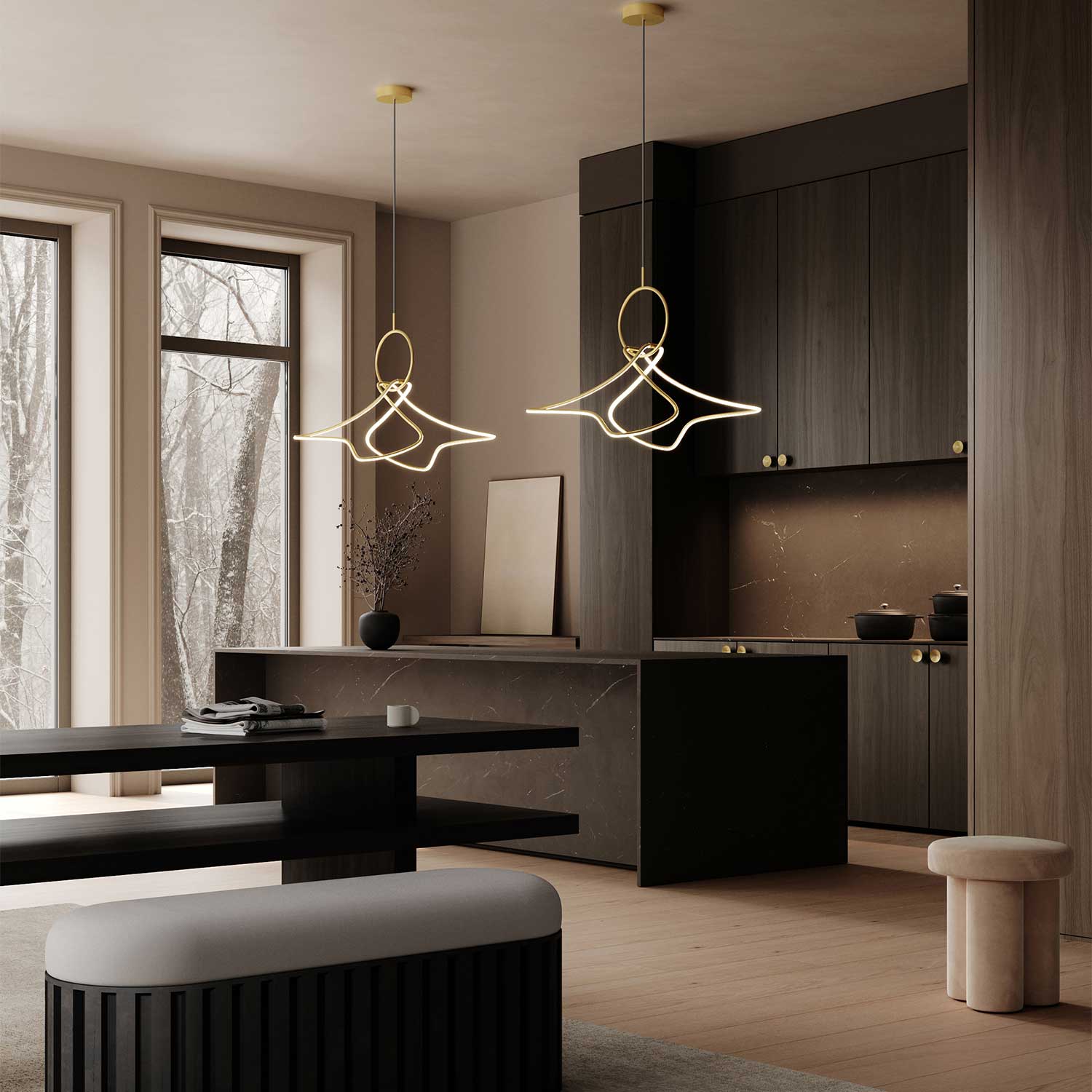Kumo Chandelier - Suspension design doré LED pour cuisine contemporaine
