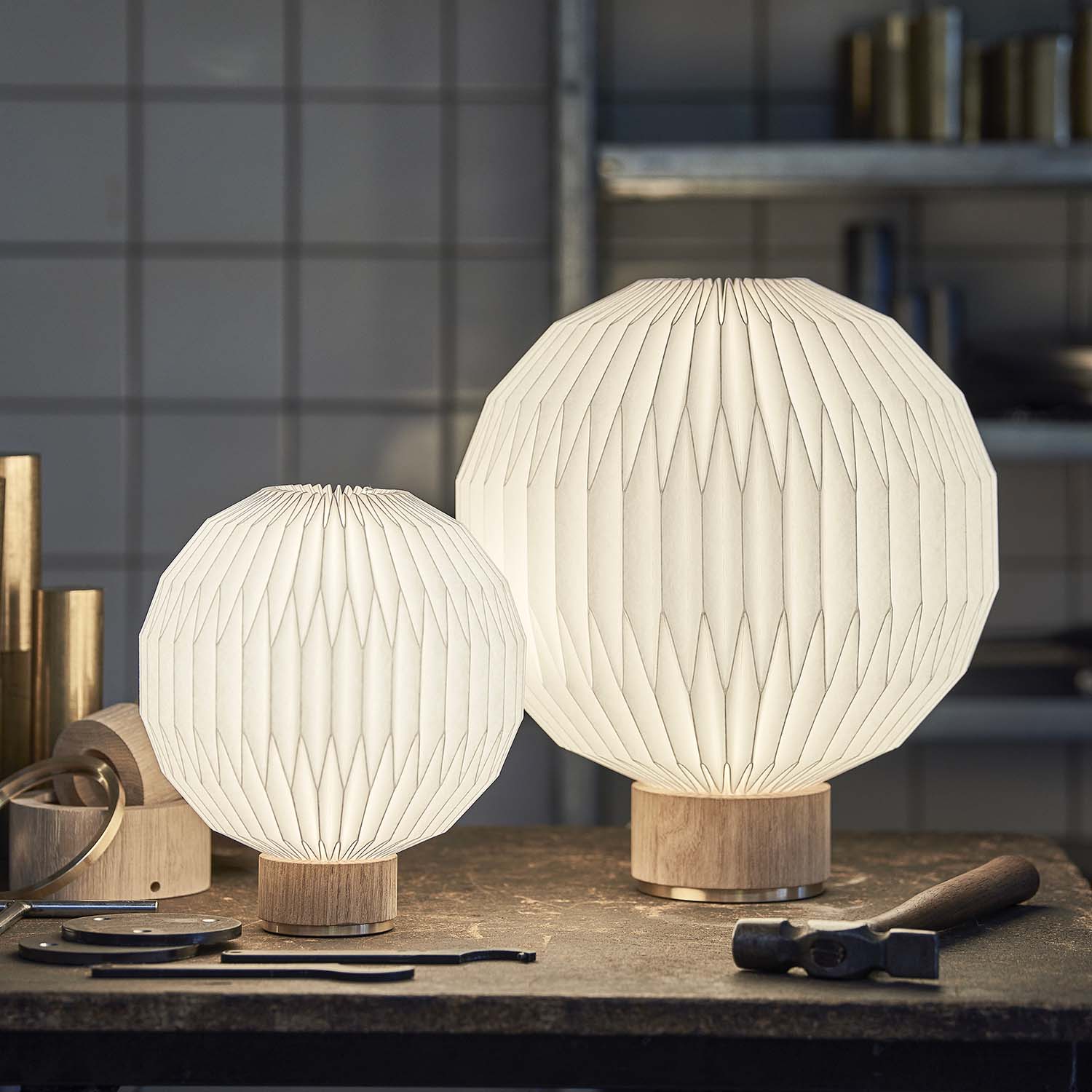 MODEL 375 - Handcrafted wood and white pleated paper table lamp