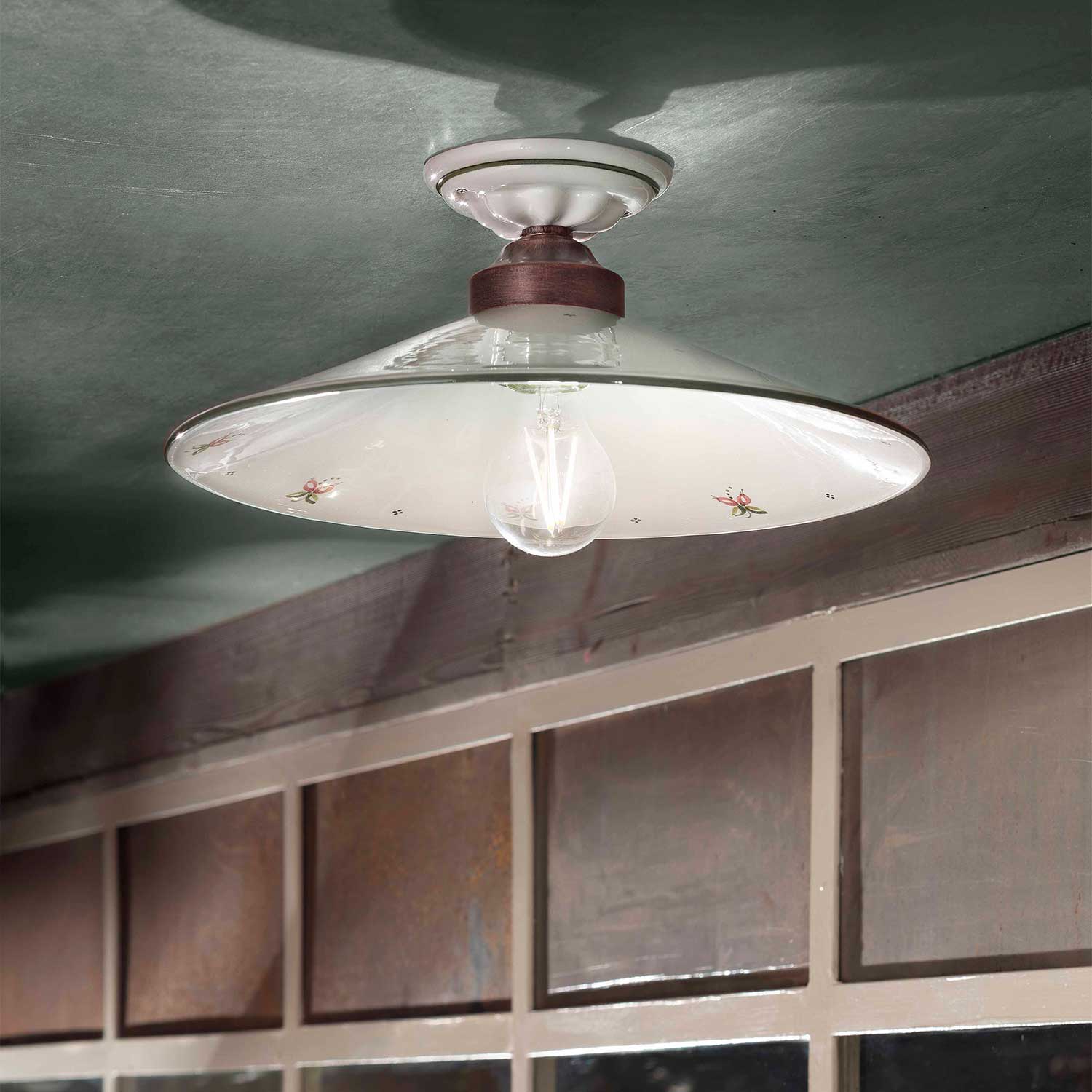 Asti - Plafonnier vintage en céramique blanche et fleurs