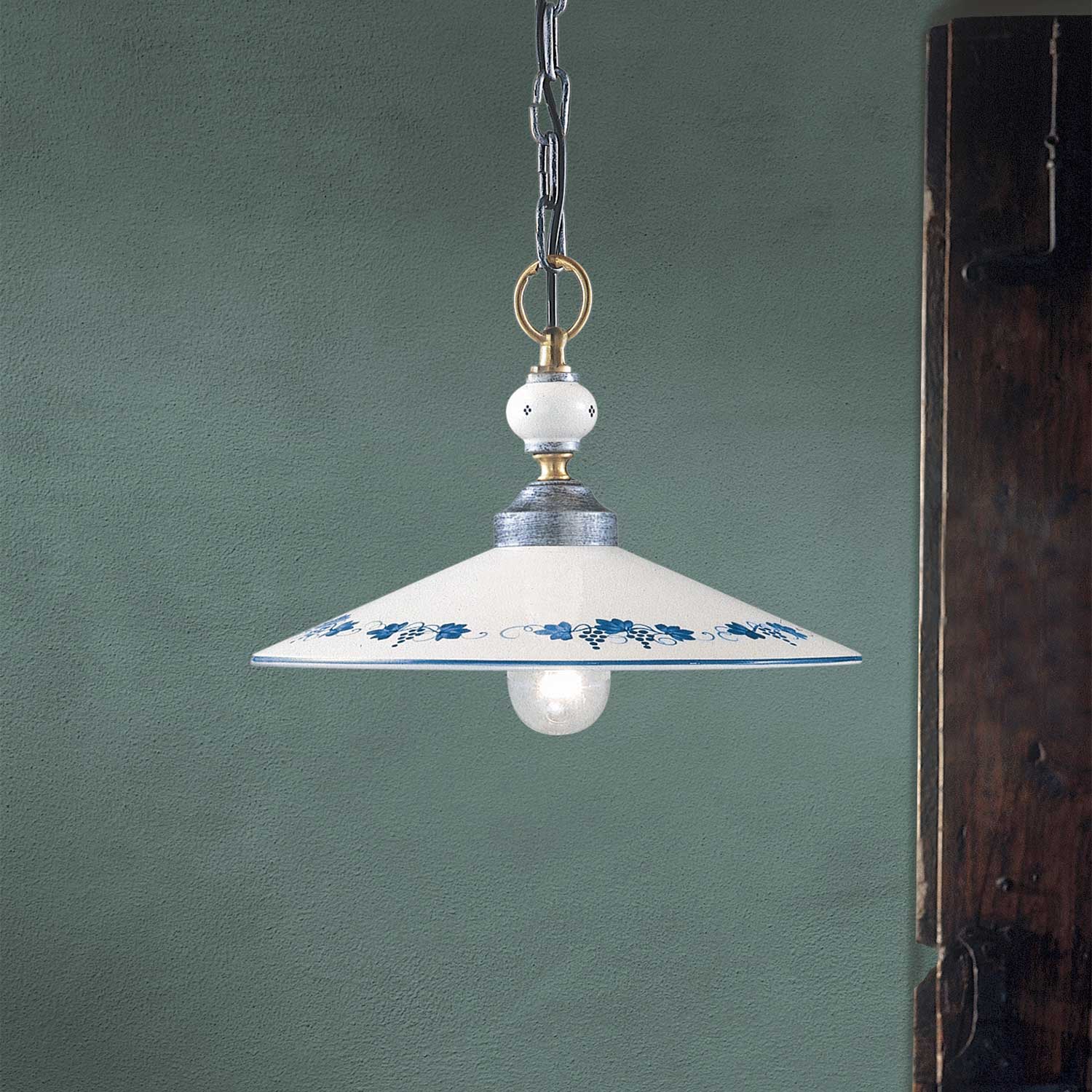 Asti - Lustre ancien en céramique blanche et fleurs bleus