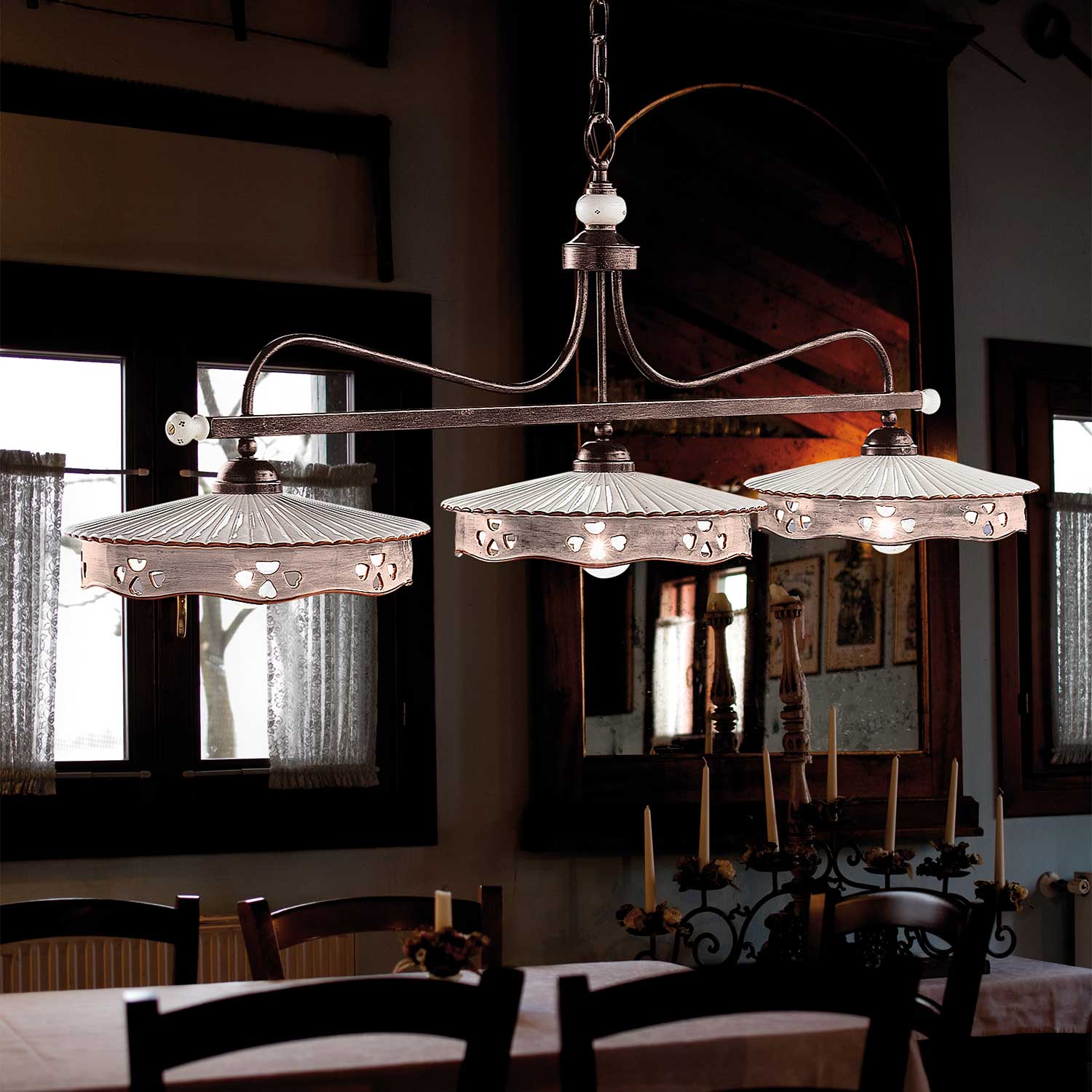 Alessandria - Lustre acier vieilli et céramique style vintage