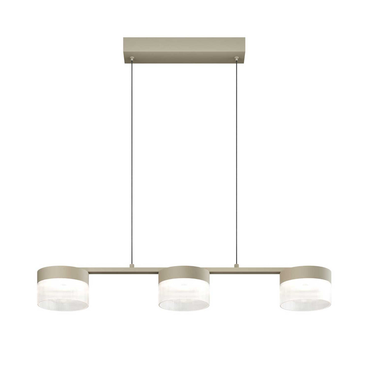 Olin - Suspension LED linéaire à trois diffuseurs en verre rainuré et métal, style contemporain