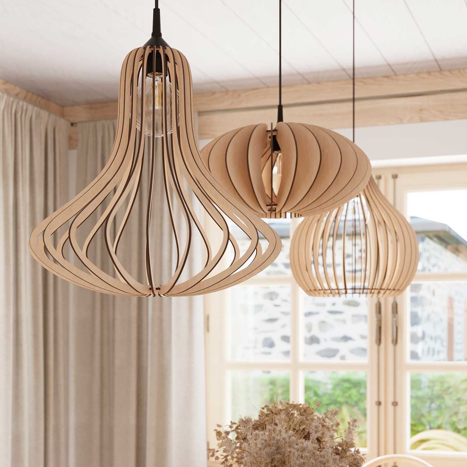 Alya - Suspension en lames de bois design pour salon moderne