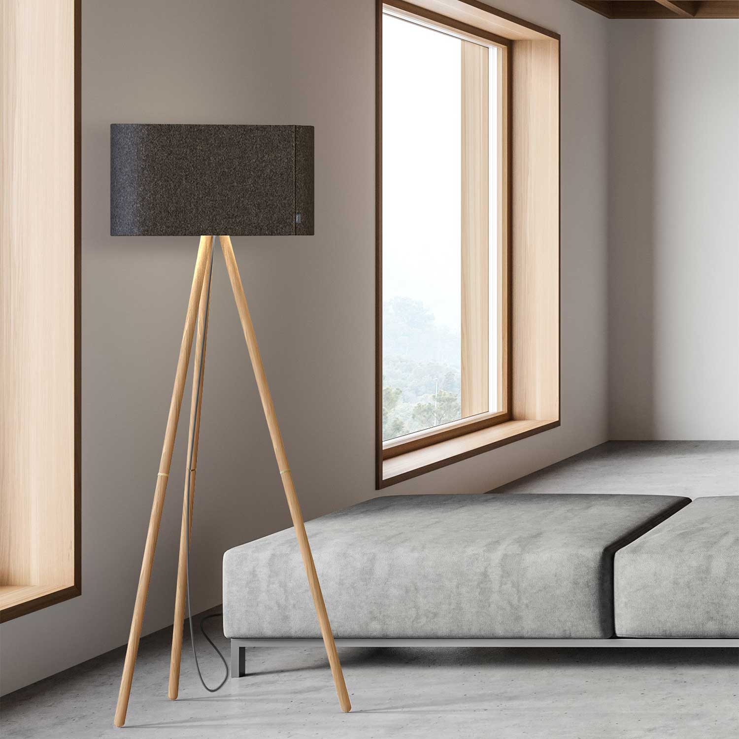 Belmont - Stehlampe aus Holz mit modernem Stofflampenschirm