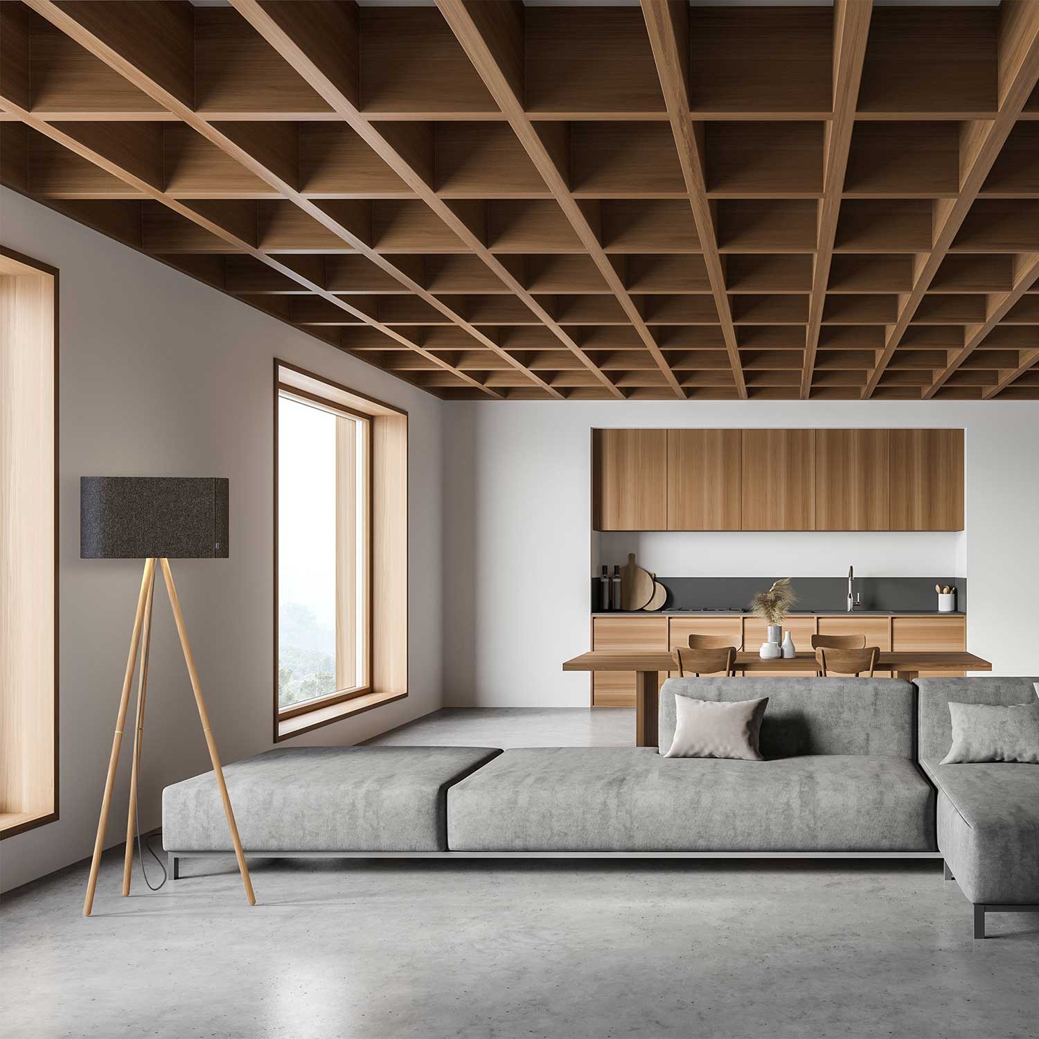 Belmont - Stehlampe aus Holz mit modernem Stofflampenschirm