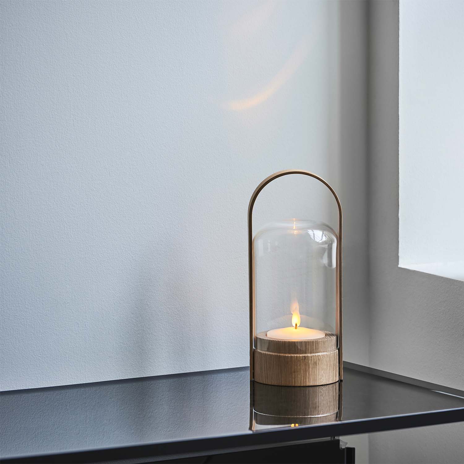 CANDLELIGHT - Lampe bougie en bois et verre avec anse, rechargeable