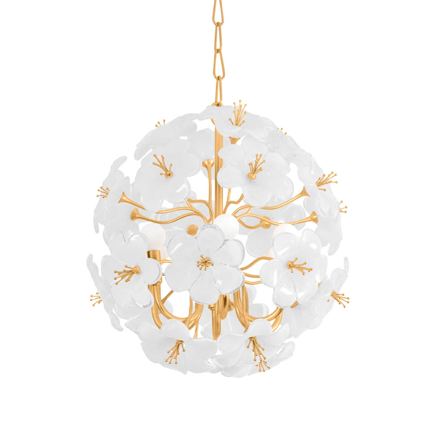 Hygea - Lustre boule de fleurs en verre blanc et laiton pour salon chic