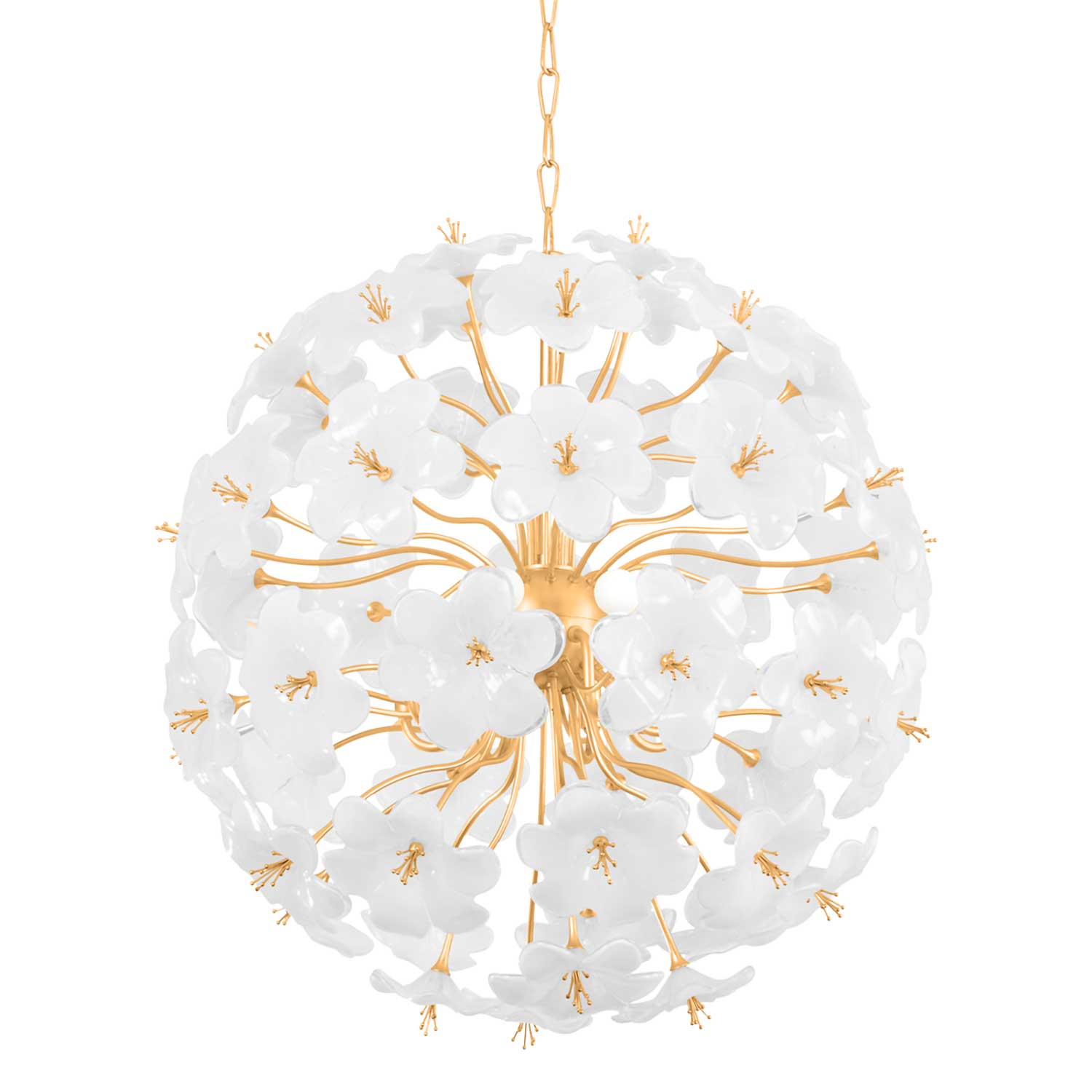 Hygea - Lustre boule de fleurs en verre blanc et laiton pour salon chic
