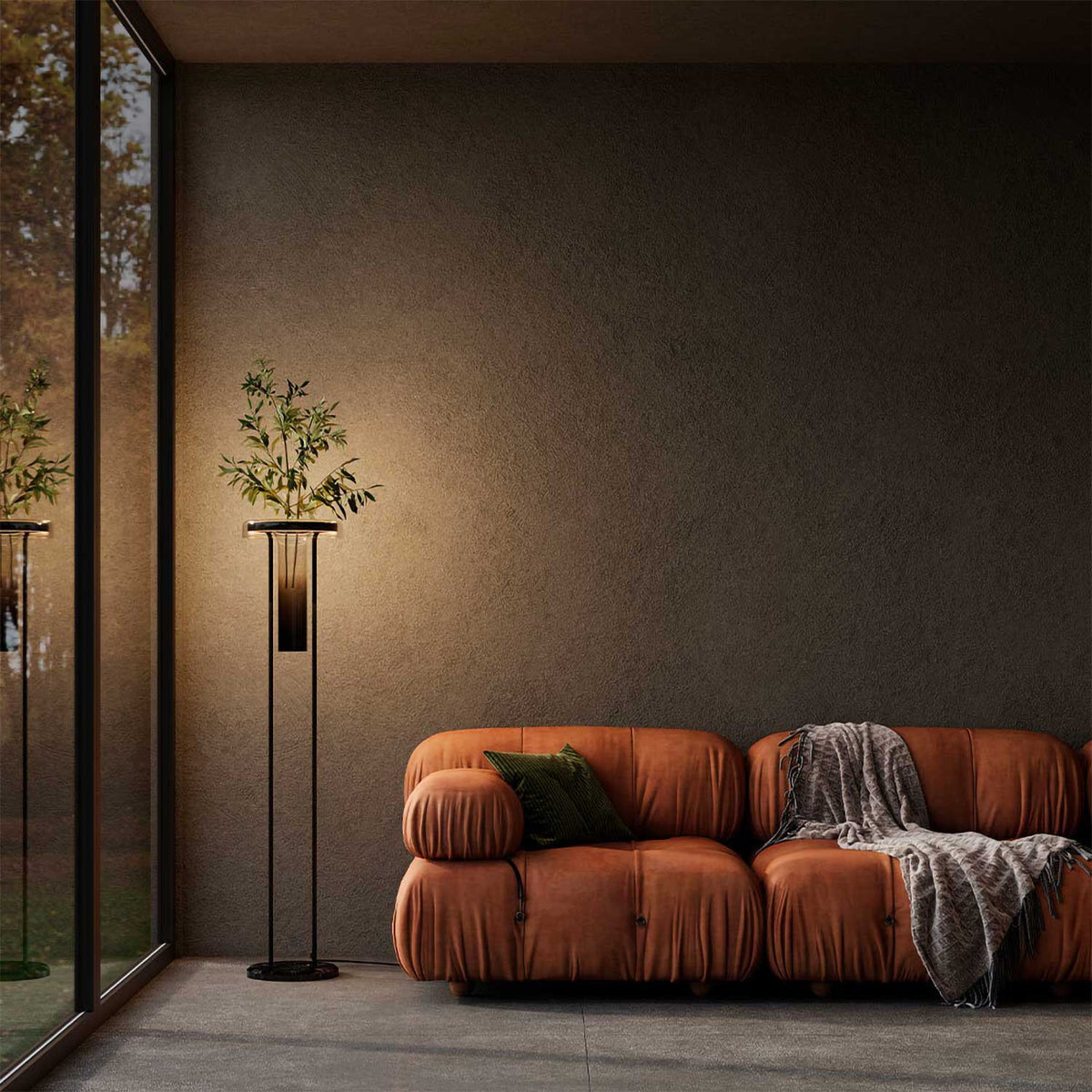 Ikebana - Lampadaire LED avec vase intégré en marbre, verre et métal, style japandi