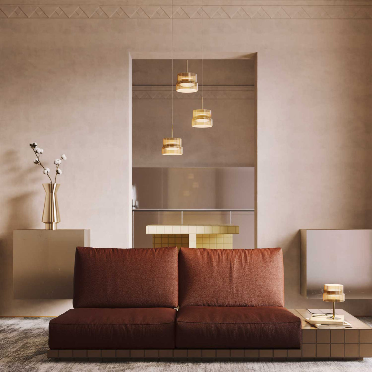 Scala - Suspension LED à trois diffuseurs en verre rainuré et métal, style art déco