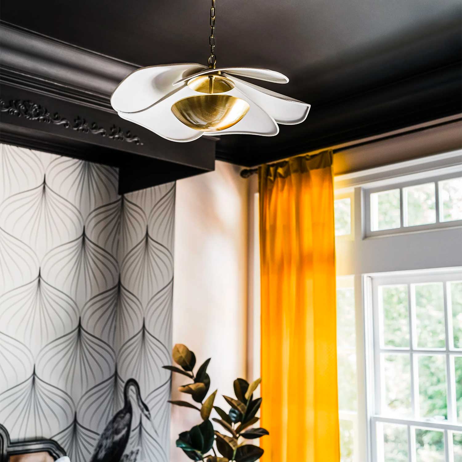 Madeline - LED flower chandelier in brass with linen lampshade for bedroom