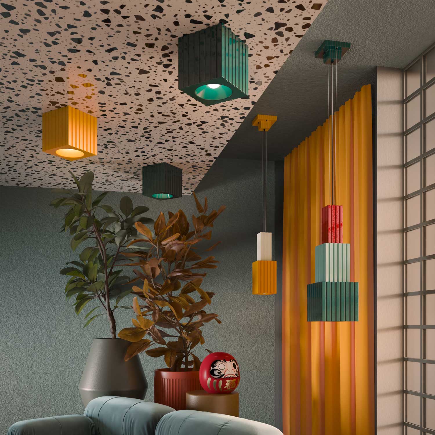 Metra - Plafonnier carré en céramique coloré pour salon
