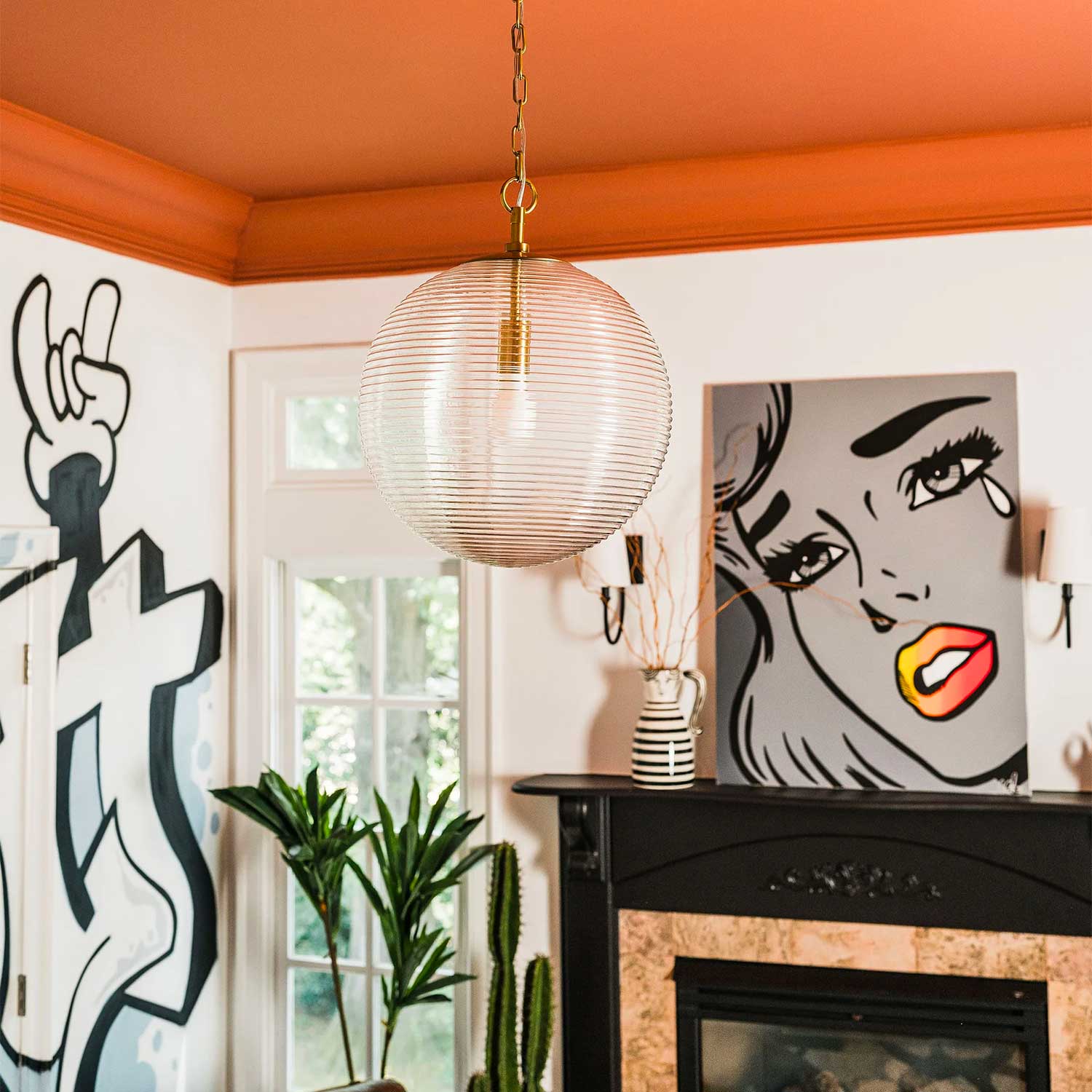 Sara - Striated glass and brass pendant light for art deco kitchen