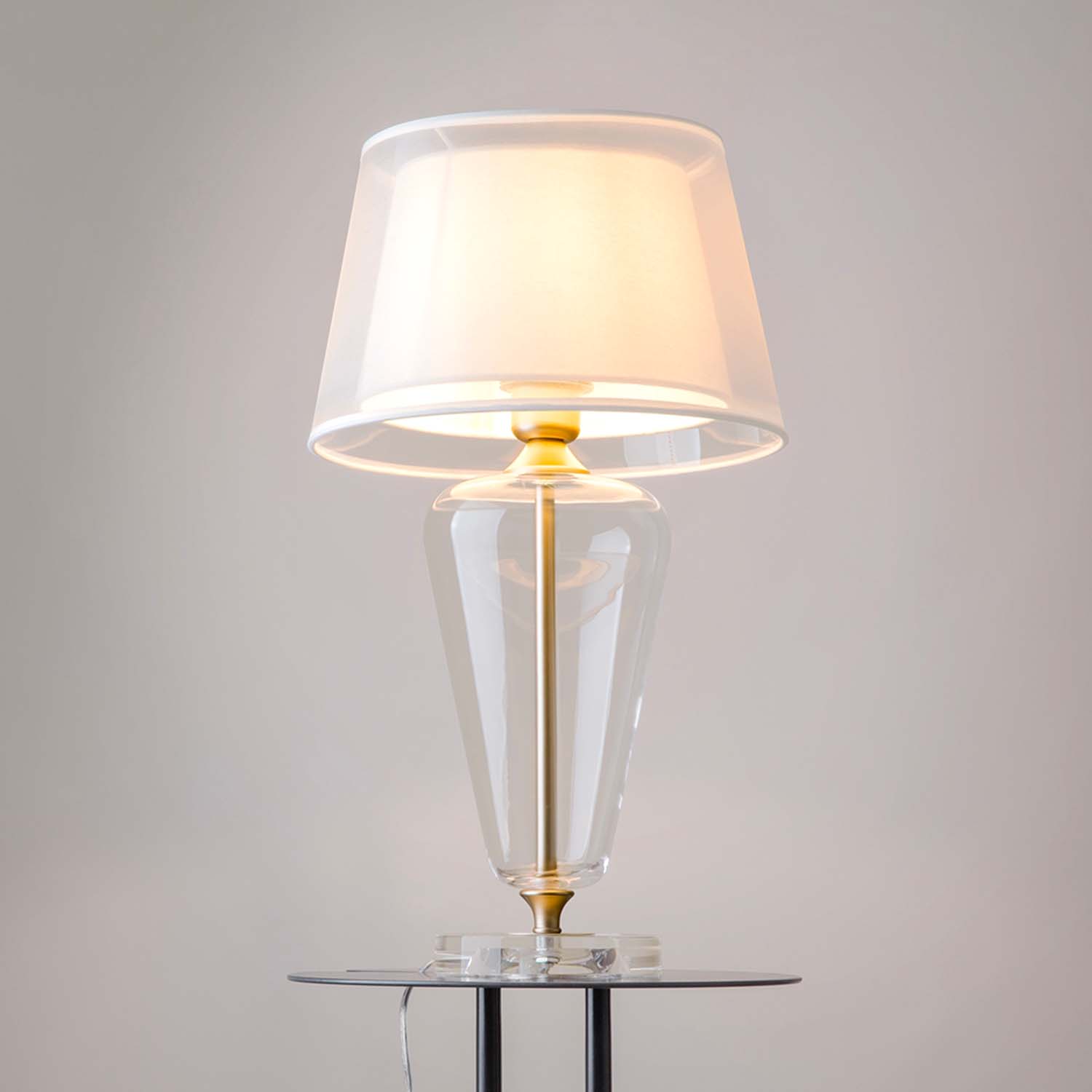 TABLE VERRE – Vintage-Tischlampe aus Glas, Lampenschirm aus Stoff