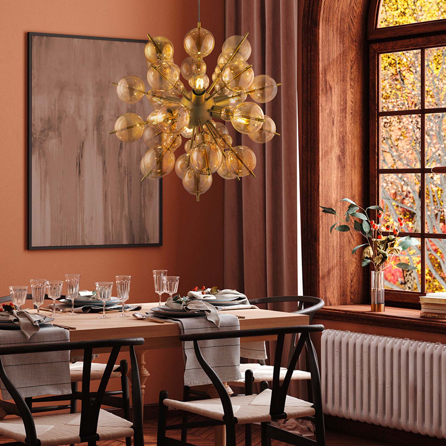 BOLLA – Kronleuchter mit bernsteinfarbenen Glaskugeln für Wohnzimmer
